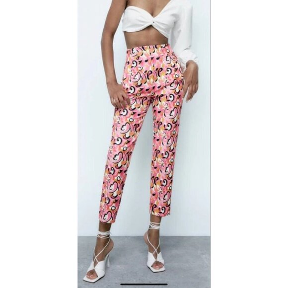 NWOT Zara pink paisley floral swirl retro skinny cropped high waist trousers, XL - Picture 2 of 10